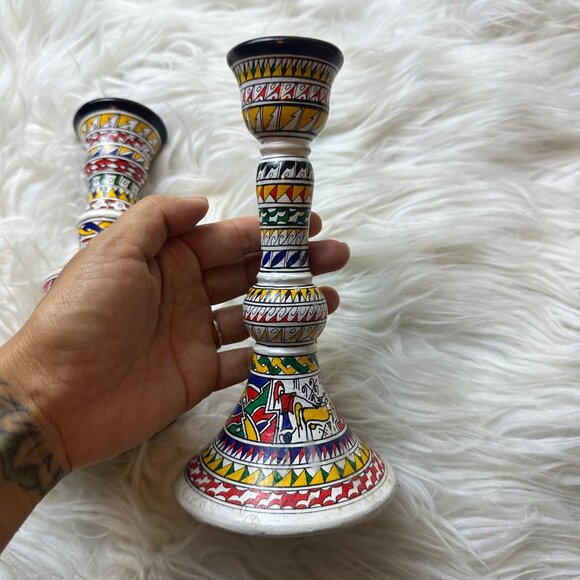 Vintage Hand Painted 2PCS Ceramic Candle Holders Artsy Artisan Tribal Boho - Picture 3 of 11